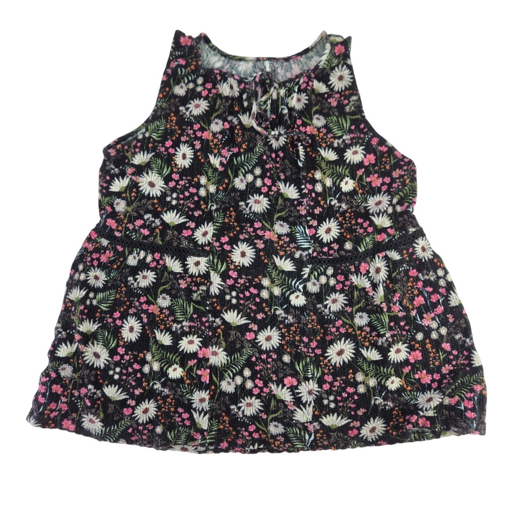 Maurices Women Black Floral Daisy Crochet Accents Tie-Neck Blouse‎ Tank Top S/M
